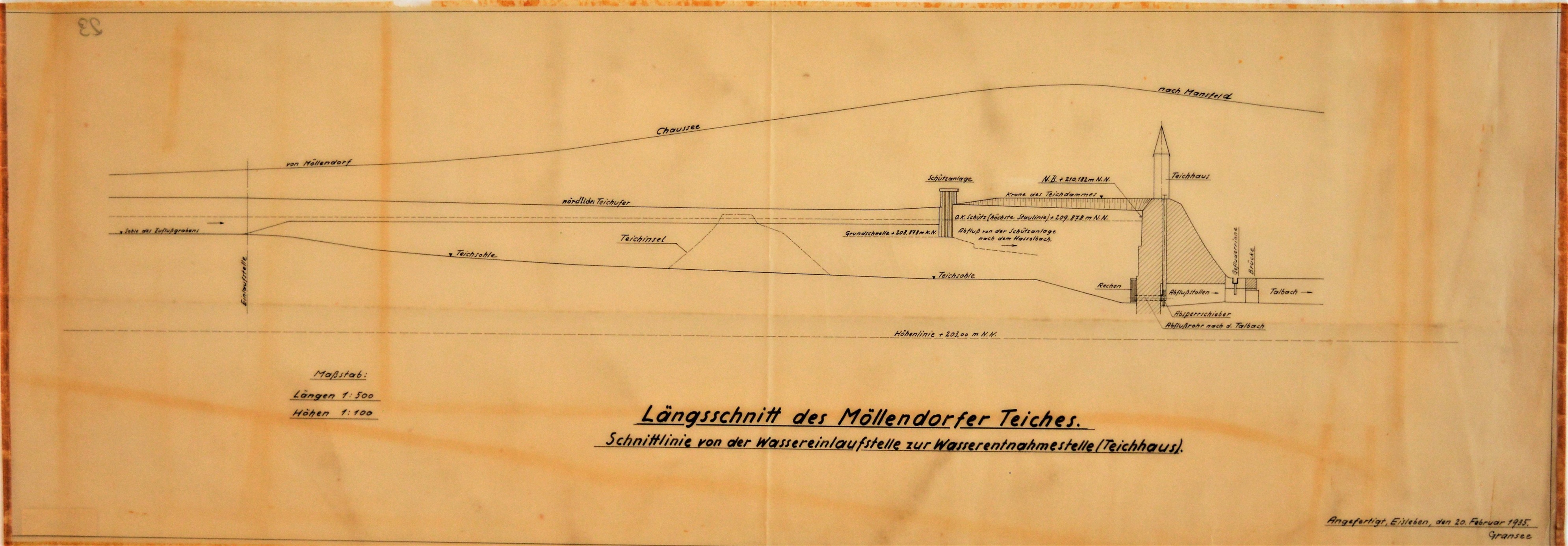 Längsschnitt des Möllendorfer Teiches. Schnittlinie von der Wassereinlaufstelle zur Wasserentnahmestelle (Teichhaus). (Mansfeld-Museum im Humboldt-Schloss CC BY-NC-SA)