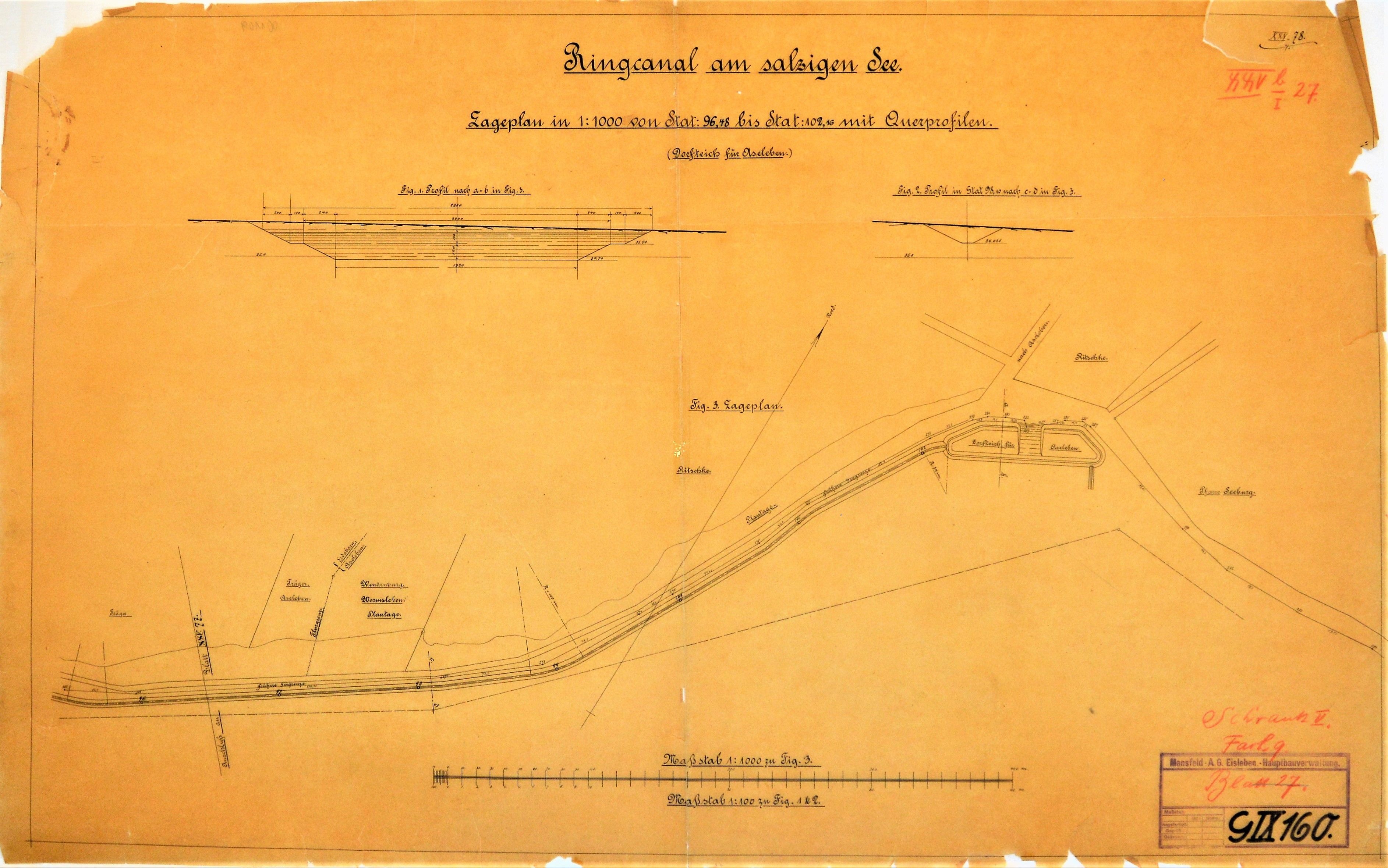 Ringcanal am salzigen See. Lageplan von Stat. 96,48 bis Stat. 102,16 mit Querprofilen. (Dorfteich für Aseleben.) (Mansfeld-Museum im Humboldt-Schloss CC BY-NC-SA)