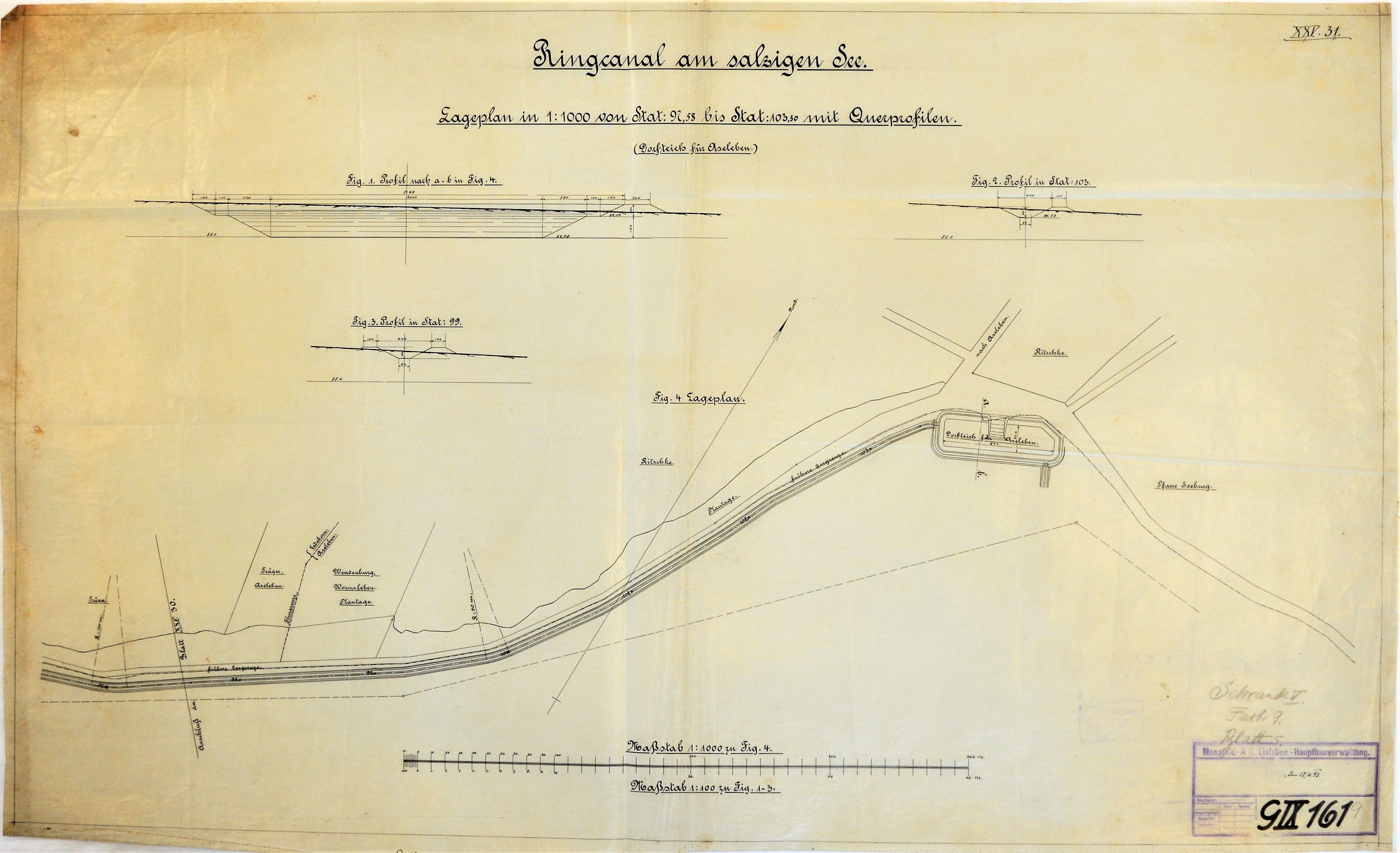 Ringcanal am salzigen See. Lageplan von Stat. 97,58 bis Stat. 103,50 mit Querprofilen. (Dorfteich für Aseleben.) (Mansfeld-Museum im Humboldt-Schloss CC BY-NC-SA)