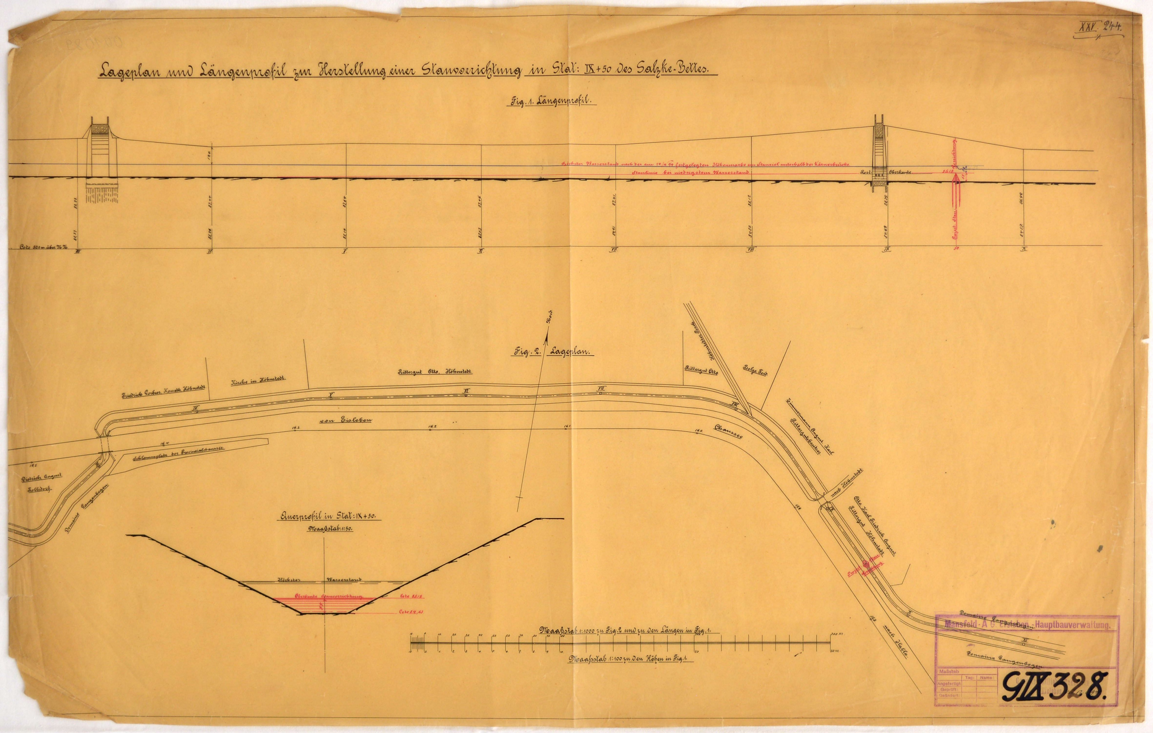Lageplan und Längenprofil zur Herstellung einer Stauvorrichtung in Stat: IX+50 des Salzke-Bettes. (Mansfeld-Museum im Humboldt-Schloss CC BY-NC-SA)