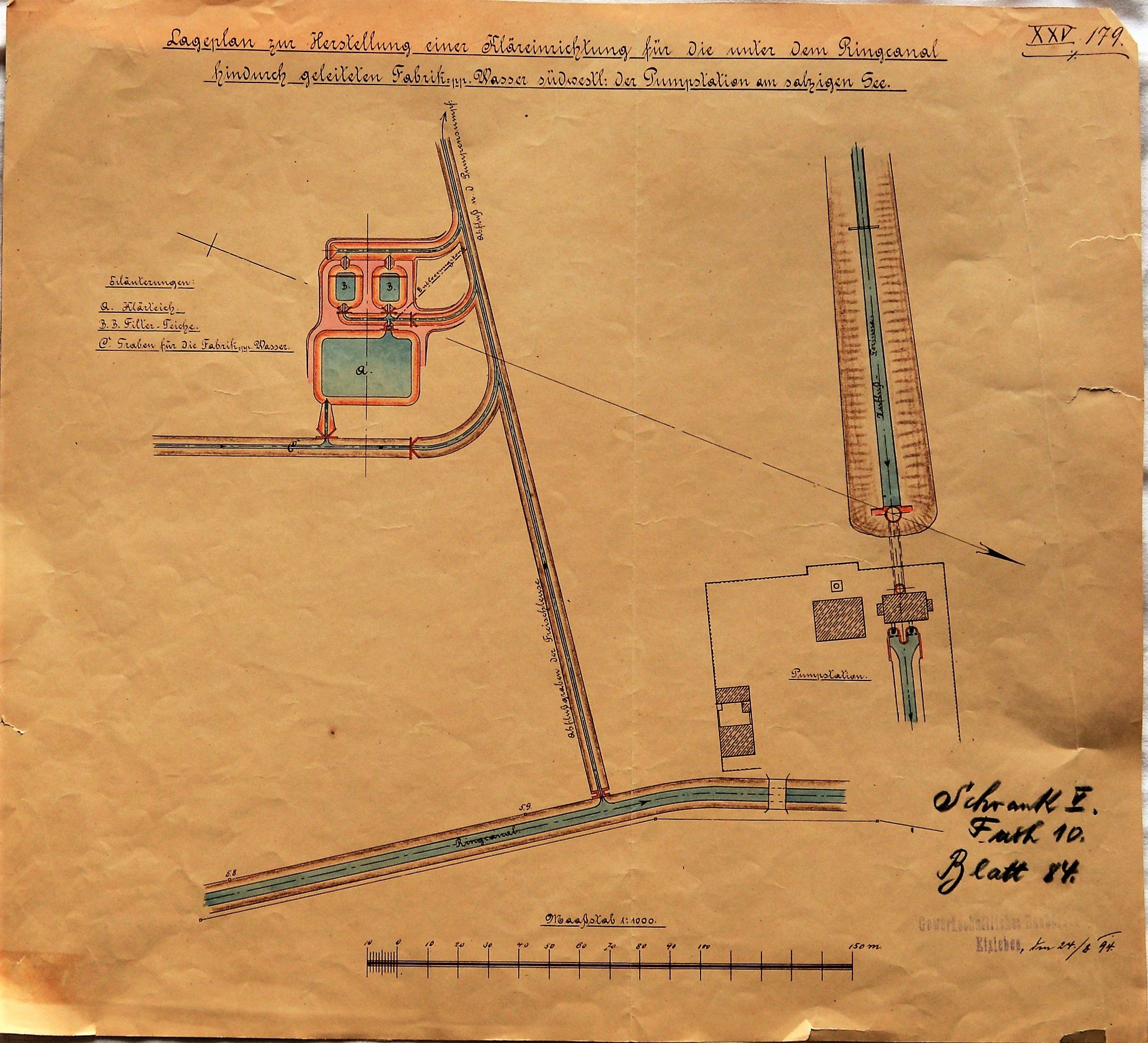 Lageplan zur Herstellung einer Kläreinrichtung für die unter dem Ringcanal hindurch geleiteten Fabrik:pp.Wasser südwestl: der Pumpstation am salzigen See. (Mansfeld-Museum im Humboldt-Schloss CC BY-NC-SA)