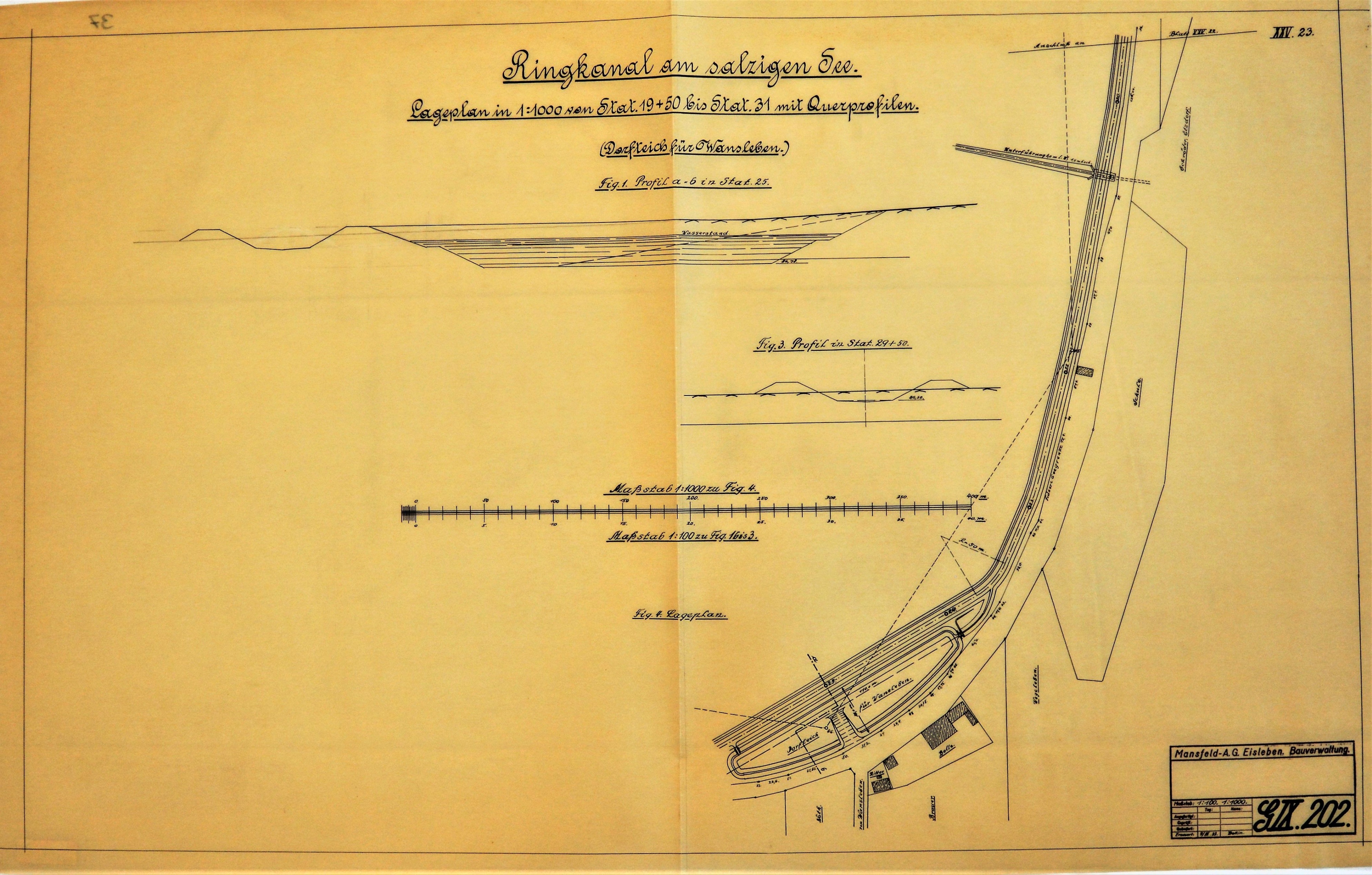 Ringcanal am salzigen See Lageplan in 1:1000 von Stat. 19+50  bis Stat. 31 mit Querprofilen. (Dorfteich für Wansleben.) (Mansfeld-Museum im Humboldt-Schloss CC BY-NC-SA)