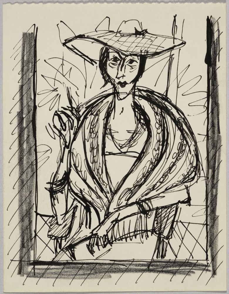 ohne Titel [Illustration - Dame mit Hut und Schultertuch, rauchend] (VG Bild-Kunst Bonn 2019 RR-F)