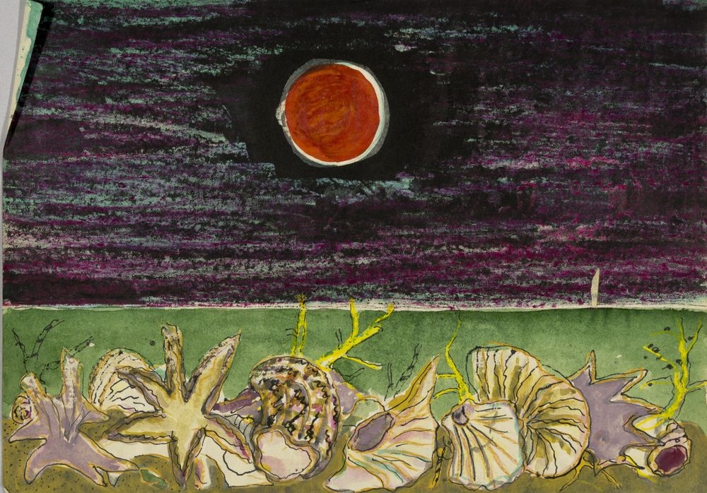 ohne Titel [Illustration - Muscheln unter roter Sonne] (VG Bild-Kunst Bonn 2019 RR-F)