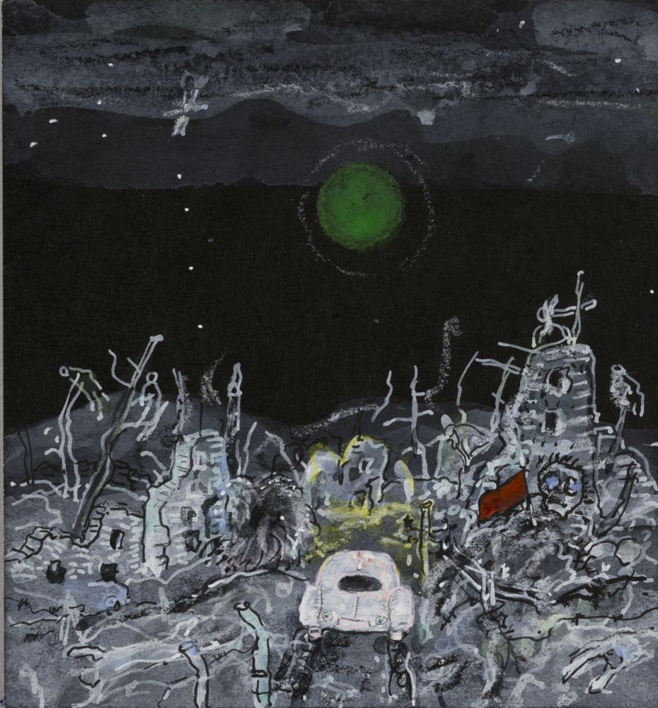 ohne Titel [Illustration - Nächtliche Fahrt durch apokalyptische Landschaft] (VG Bild-Kunst Bonn 2019 RR-F)