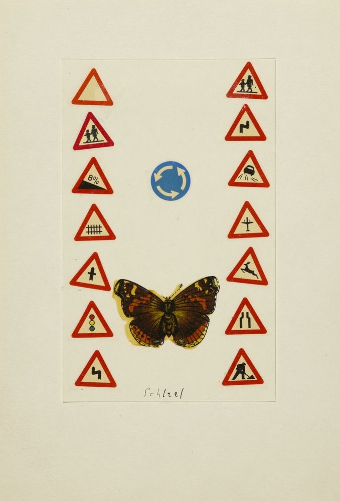 ohne Titel [Illustration - Schmetterling zwischen Warnschildern] (VG Bild-Kunst Bonn 2019 RR-F)