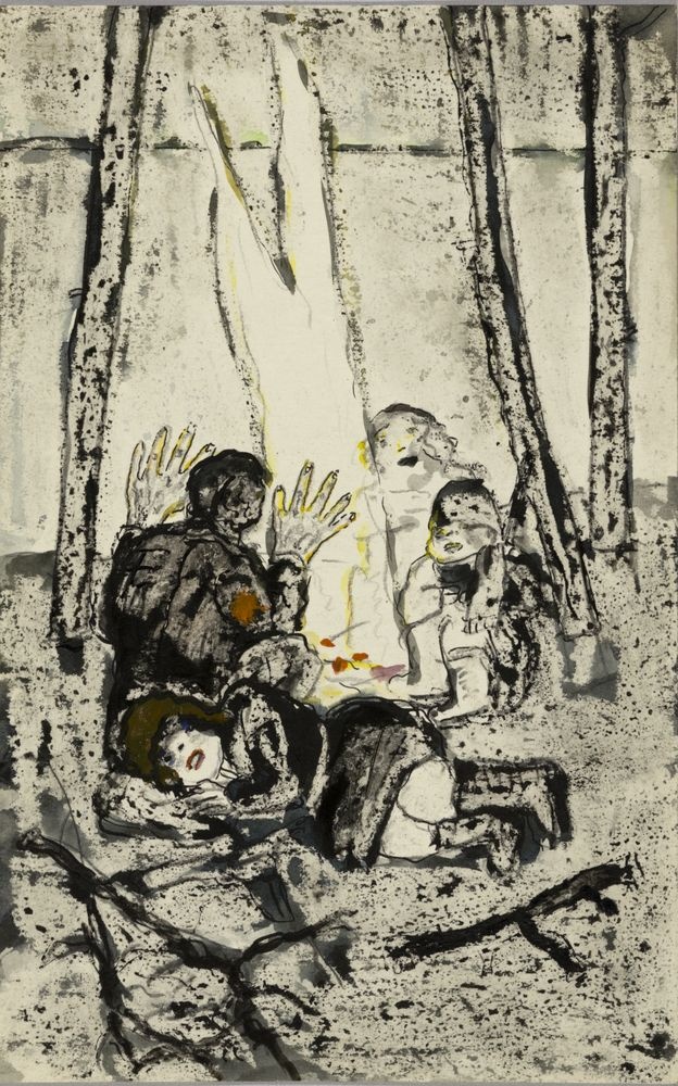 ohne Titel [Illustration zu "Trau nicht dem Septemberfrieden" von Victor Smirnow - Lagerfeuer] (VG Bild-Kunst Bonn 2019 RR-F)