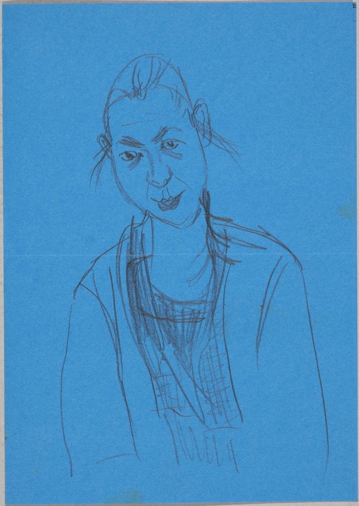 ohne Titel [G. G. - Porträtstudie auf blauem Flugblatt] (VG Bild-Kunst Bonn 2019 RR-F)