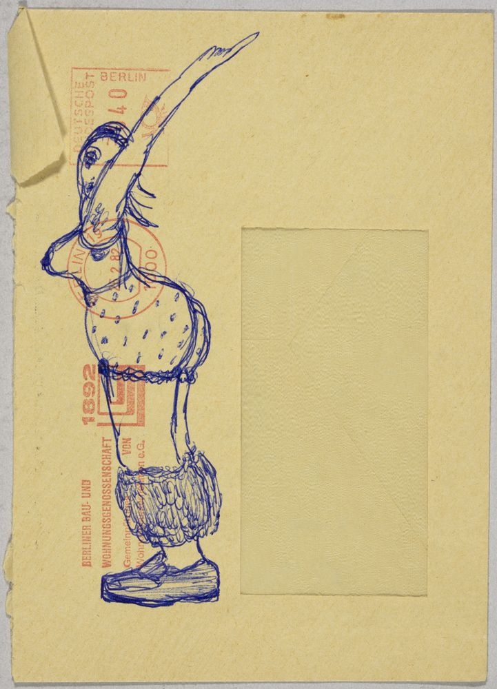 ohne Titel [Karikatur auf Briefumschlag - Frau mit Hose in Kniekehlen] (VG Bild-Kunst Bonn 2019 RR-F)