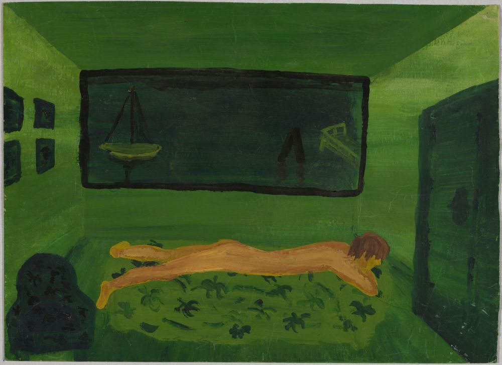 ohne Titel [Nackter Mann auf Bett in grünem Zimmer] (VG Bild-Kunst Bonn 2019 RR-F)