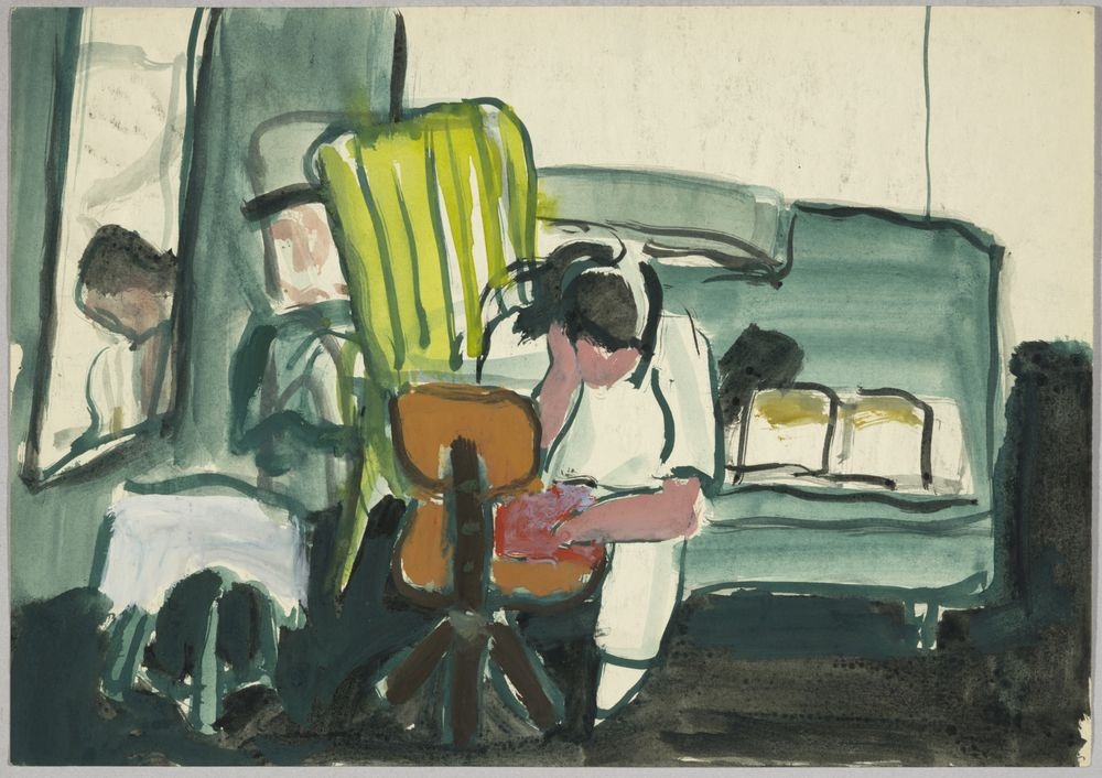 ohne Titel [Lesende Frau auf Sofa vor Stuhl] (VG Bild-Kunst Bonn 2019 RR-F)