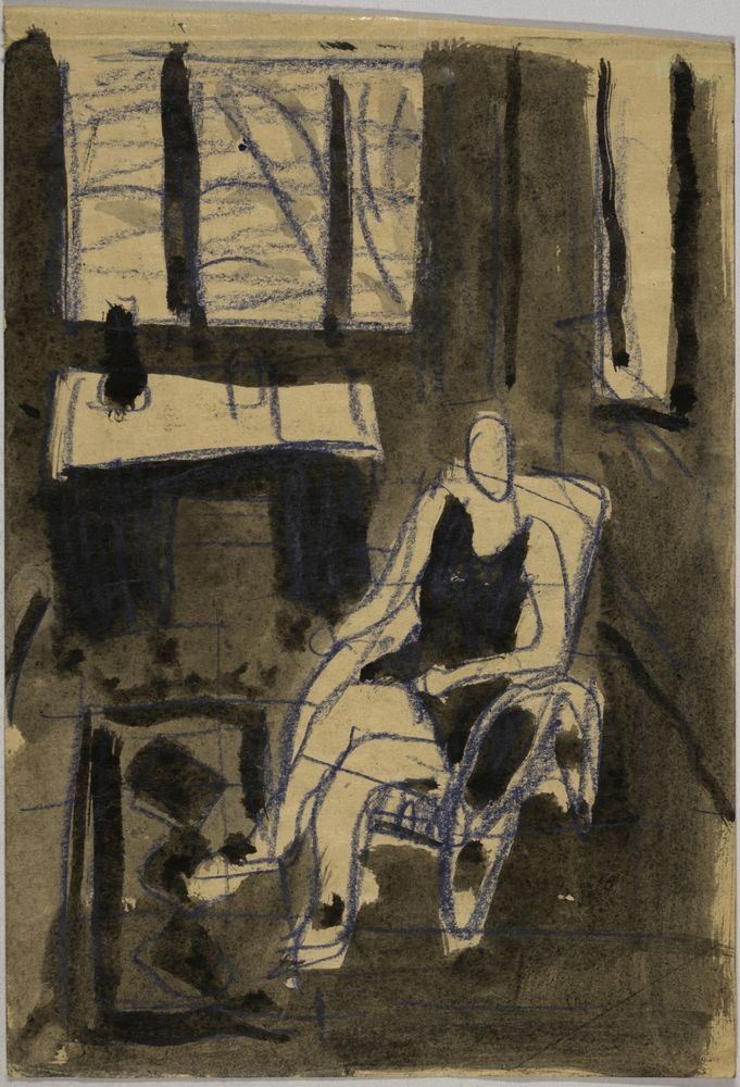 ohne Titel [Frau auf Rattansessel vor Fenster mit Schreibtisch] (VG Bild-Kunst Bonn 2019 RR-F)