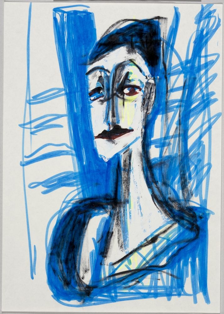 ohne Titel [Porträtstudie - Frau vor hellblauem Hintergrund] (VG Bild-Kunst Bonn 2019 RR-F)