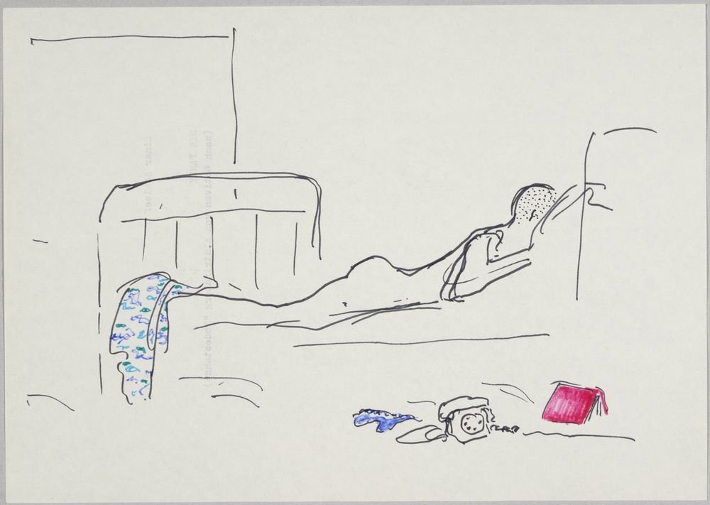 ohne Titel [Illustration - Mann auf Bett neben Telefon] (VG Bild-Kunst Bonn 2019 RR-F)