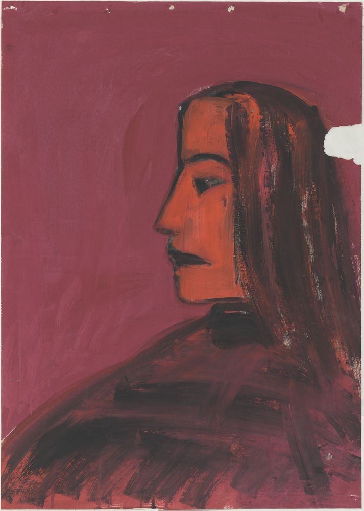 ohne Titel [Porträt auf Zeitungspapier, Frau vor rosa Hintergrund] (VG Bild-Kunst Bonn 2019 RR-F)