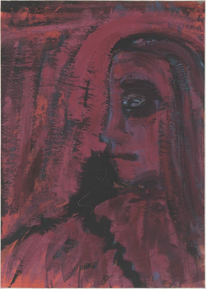 ohne Titel [Porträt auf Zeitungspapier, Frau vor rosa Hintergrund] (VG Bild-Kunst Bonn 2019 RR-F)