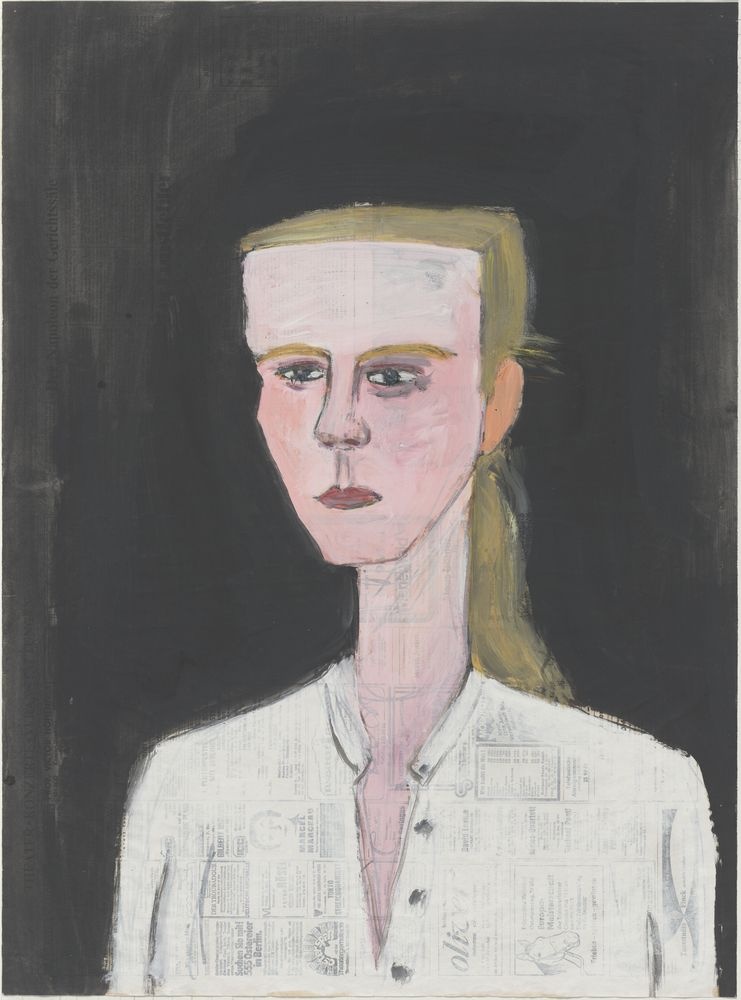 ohne Titel [Porträt auf Zeitungspapier, Frau in weißer Bluse] (VG Bild-Kunst Bonn 2019 RR-F)