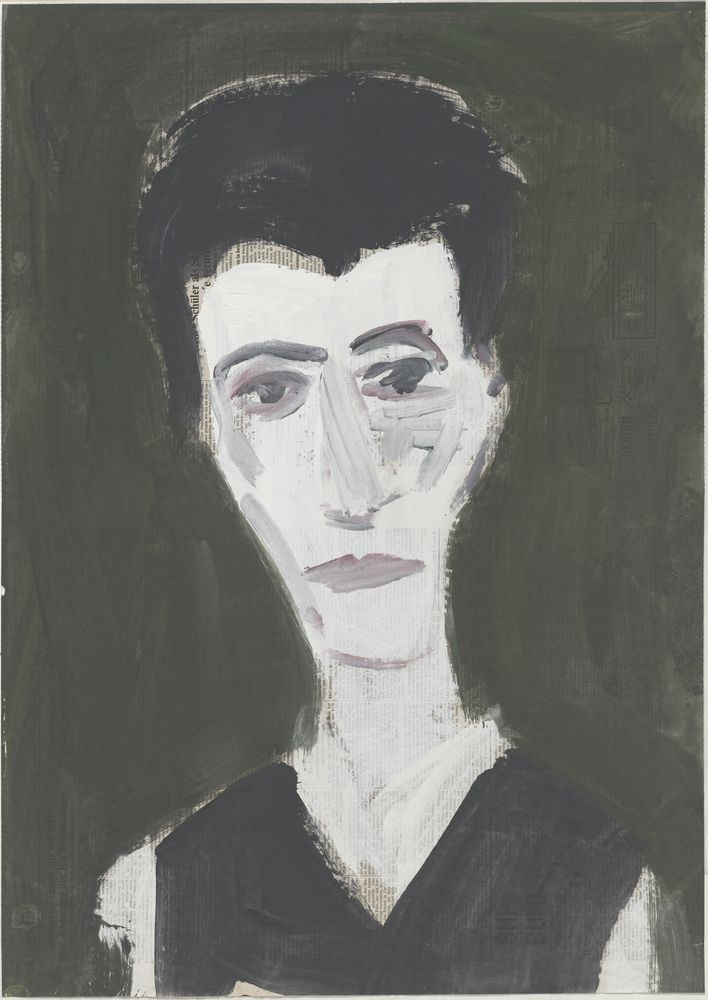 ohne Titel [Porträt auf Zeitungspapier, Frau in schwarzem Kleid] (VG Bild-Kunst Bonn 2019 RR-F)