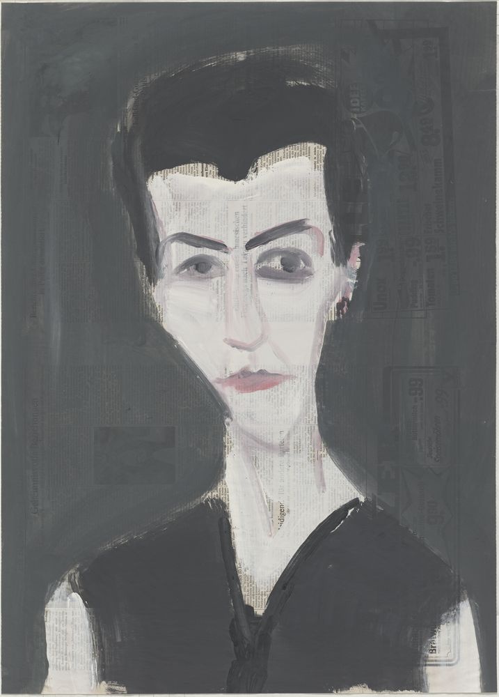 ohne Titel [Porträt auf Zeitungspapier, Frau in schwarzem Kleid] (VG Bild-Kunst Bonn 2019 RR-F)