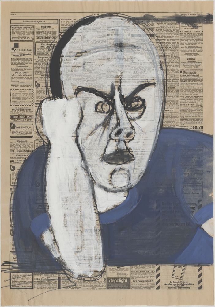 ohne Titel [Porträt auf Zeitungspapier, Mann in blauem T-Shirt] (VG Bild-Kunst Bonn 2019 RR-F)