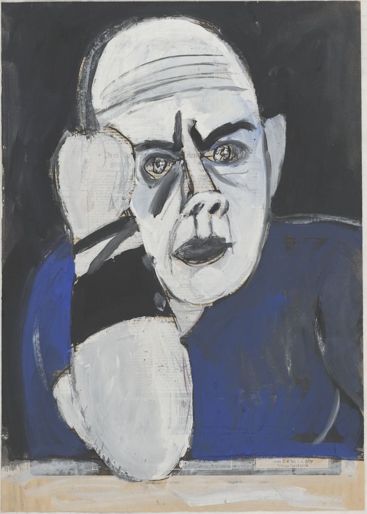 ohne Titel [Porträt auf Zeitungspapier, Mann in blauem T-Shirt] (VG Bild-Kunst Bonn 2019 RR-F)
