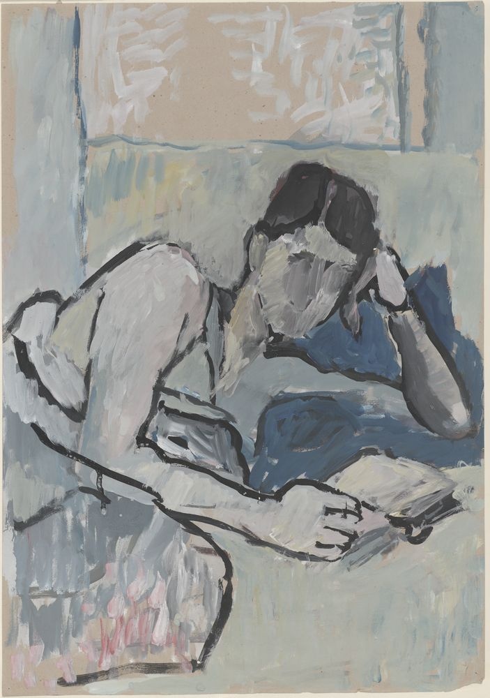 ohne Titel [Porträt - Frau mit Buch im Bett] (VG Bild-Kunst Bonn 2019 RR-F)