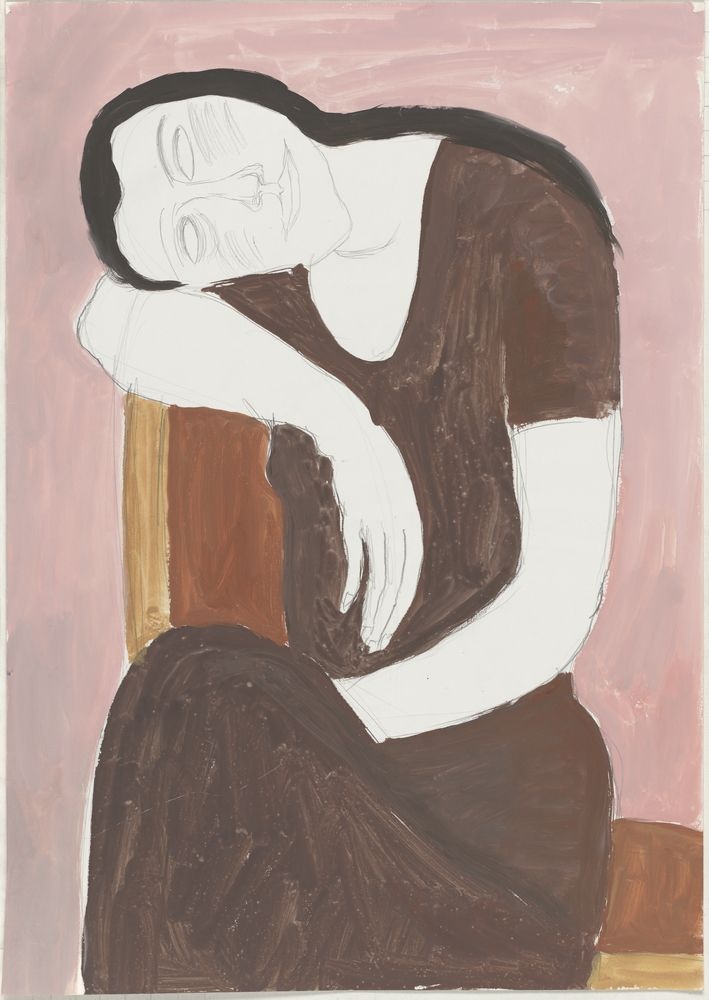 ohne Titel [Porträt - Frau auf Stuhl vor rosa Hintergrund] (VG Bild-Kunst Bonn 2019 RR-F)