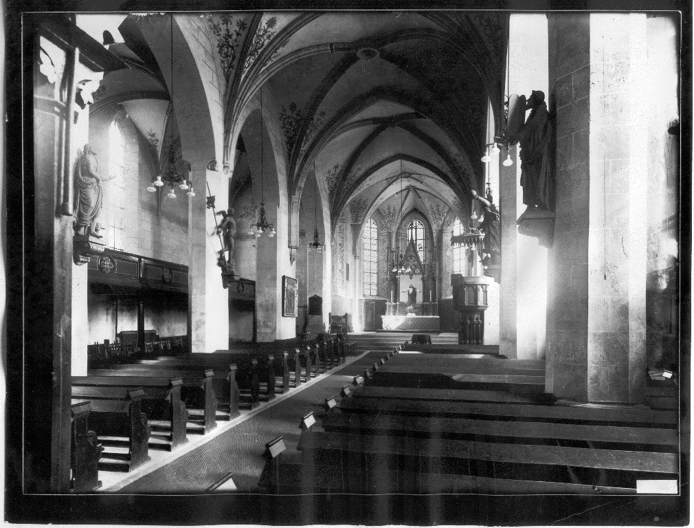 Merseburg, Kirche St. Maximi, Inneres mit Kanzel und Altar (Kulturhistorisches Museum Schloss Merseburg CC BY-NC-SA)