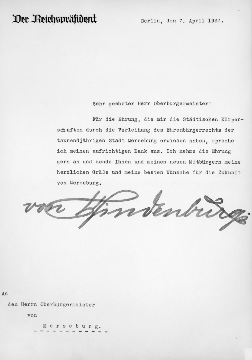 Dankbrief des Reichspräsidenten Hindenburg für die Verleihung der Ehrenbürgerwürde von Merseburg (Kulturhistorisches Museum Schloss Merseburg CC BY-NC-SA)