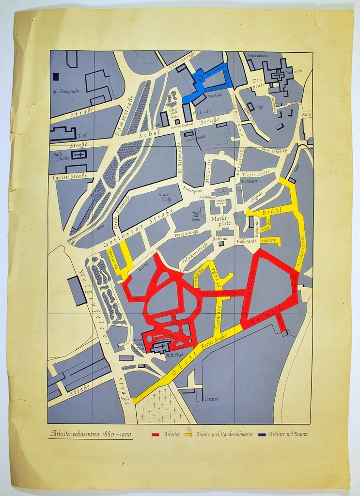 Karte der Innenstadt von Merseburg mit Angaben zu den &quot;Arbeiterwohnungen 1880-1900&quot; (Kulturhistorisches Museum Schloss Merseburg CC BY-NC-SA)