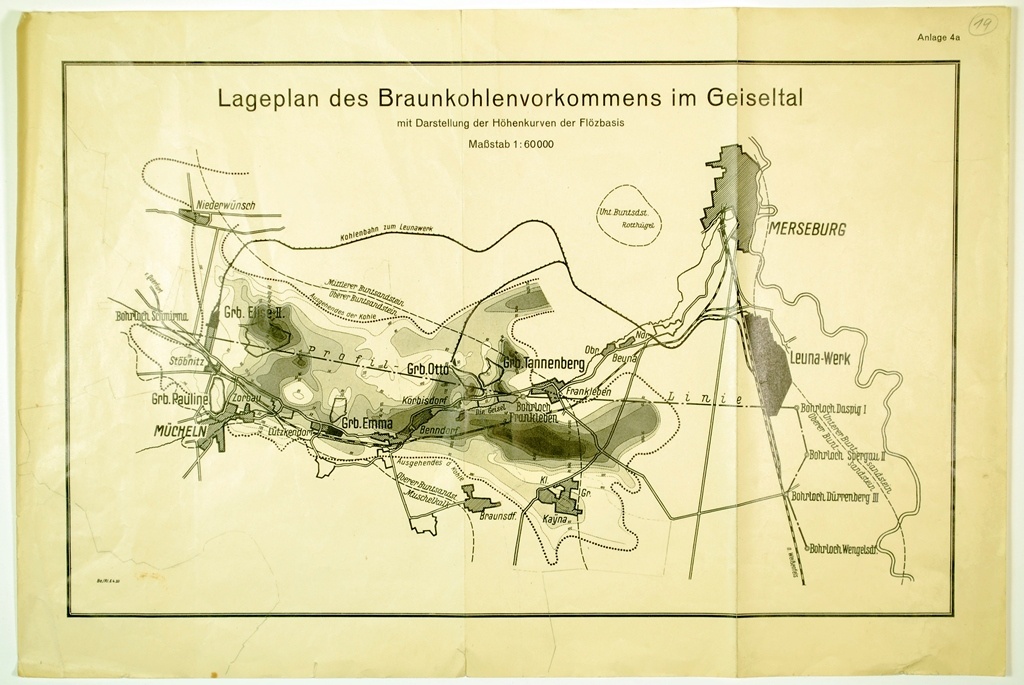 Lageplan des Braunkohlenvorkommens im Geiseltal mit Darstellung der Höhenkurven der Flözbasis (Kulturhistorisches Museum Schloss Merseburg CC BY-NC-SA)