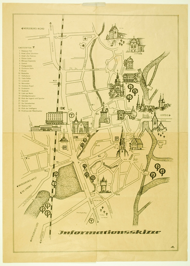 Informationsskizze der Innenstadt von Merseburg mit Verzeichnis der Gaststätten (Kulturhistorisches Museum Schloss Merseburg CC BY-NC-SA)