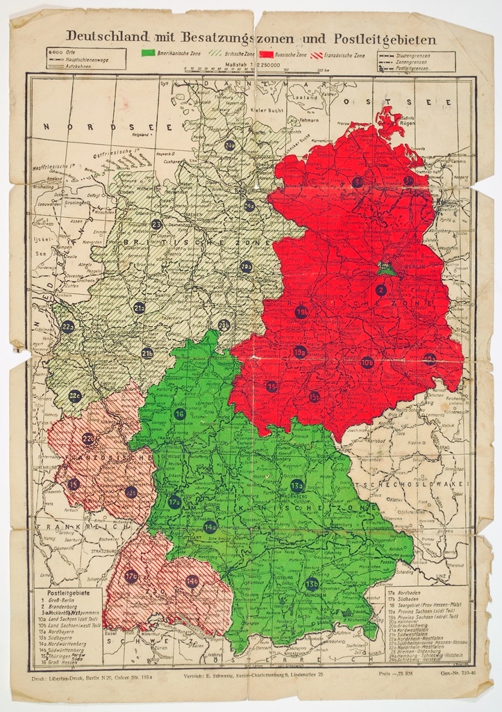 Deutschland mit Besatzungszonen und Postleitgebieten (Kulturhistorisches Museum Schloss Merseburg CC BY-NC-SA)
