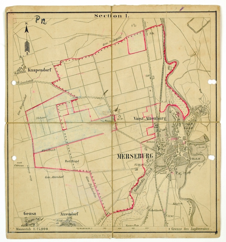 Karte von Merseburg mit Knapendorf , Geusa und Atzendorf &quot;Section I&quot; (Kulturhistorisches Museum Schloss Merseburg CC BY-NC-SA)