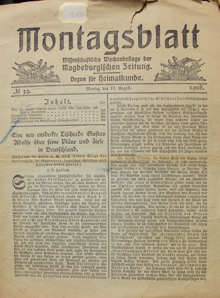 Eine neu entdeckte Tischrede Gustav Adolfs über seine Pläne und Ziele in Deutschland (Museum im Schloss Lützen CC BY-NC-SA)