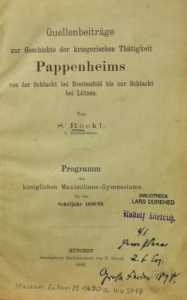 Quellenbeiträge zur Geschichte der kriegerischen Thätigkeit Pappenheims (Museum im Schloss Lützen CC BY-NC-SA)