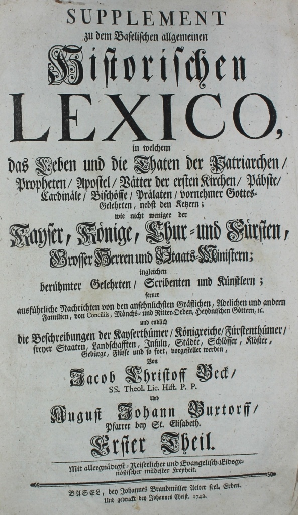 Supplement zu dem Baselischen allgemeinen Historischen Lexico, Erster Theil A - F (Museum im Schloss Lützen CC BY-NC-SA)