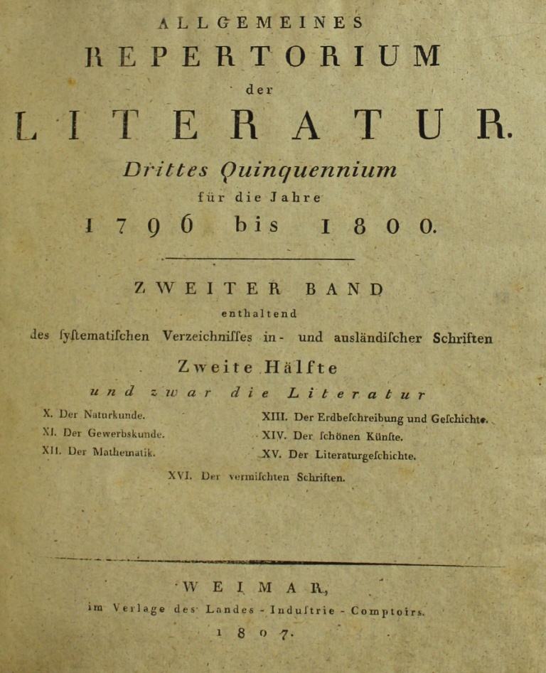 Allgemeines Repertorium der Literatur für die Jahre 1796 - 1800, 2. Band (Museum im Schloss Lützen CC BY-NC-SA)