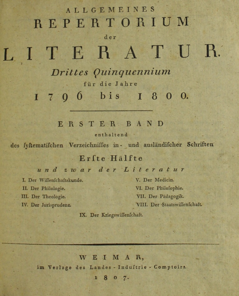 Allgemeines Repertorium der Literatur für die Jahre 1796 - 1800, 1. Band (Museum im Schloss Lützen CC BY-NC-SA)