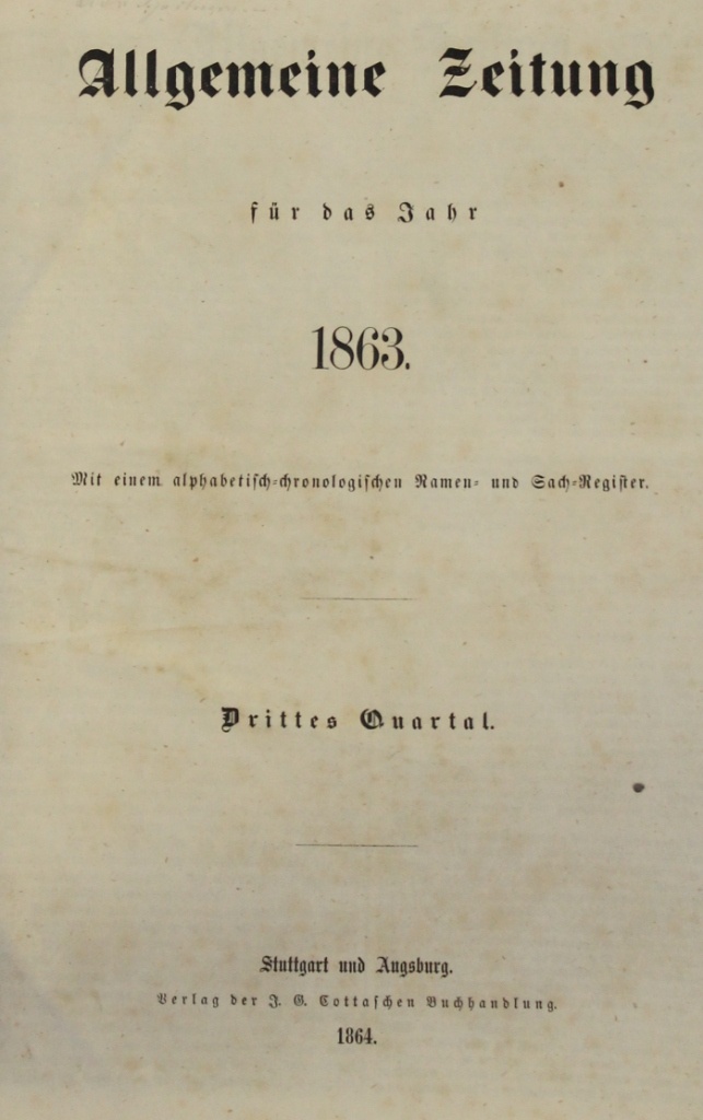 Allgemeine Zeitung für das Jahr 1863 (Museum im Schloss Lützen CC BY-NC-SA)
