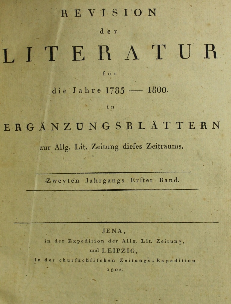 Revision der Literatur für die Jahre 1785-1800 in Ergänzungsblättern zur Allgemeinen Lit.-Zeitung (Museum im Schloss Lützen CC BY-NC-SA)