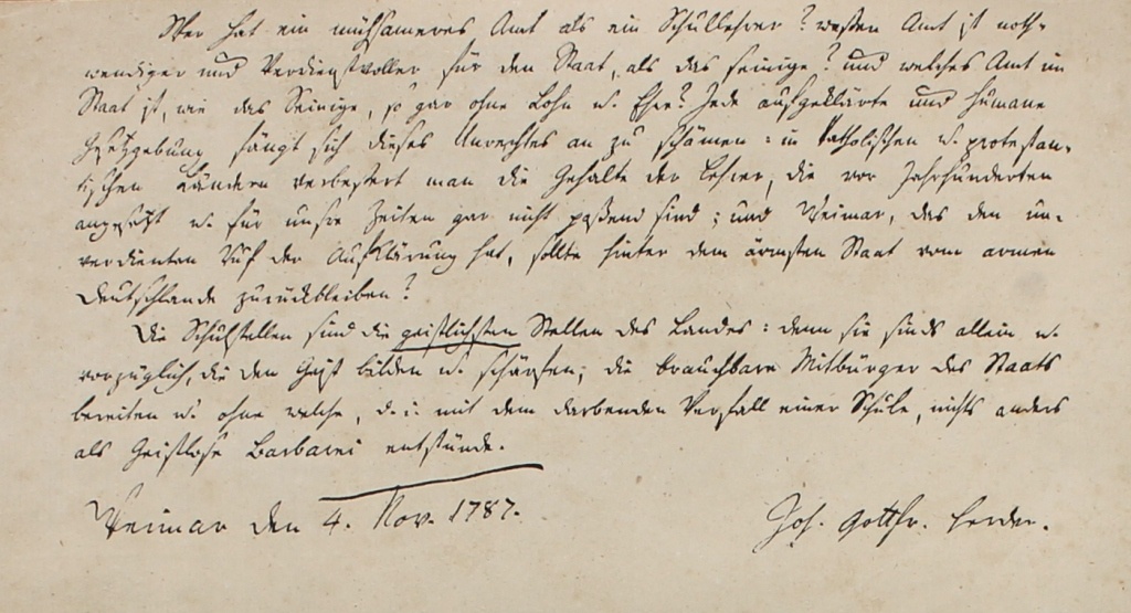 Herder: Manuskript, 4.11.1787 (Museum im Schloss Lützen CC BY-NC-SA)