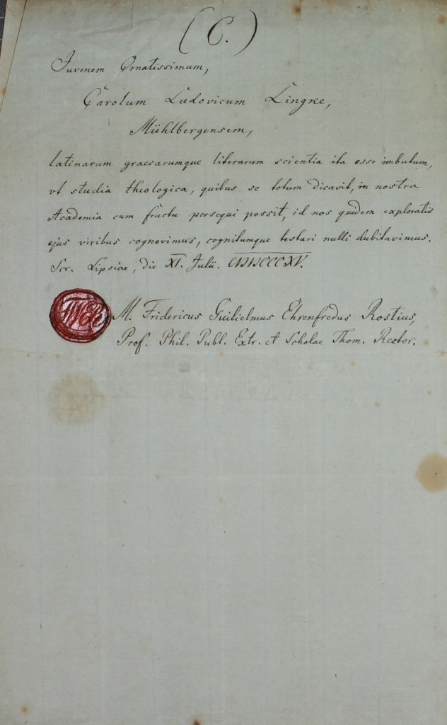 Rost: Universitätszeugnis, 9.8.1815 (Museum im Schloss Lützen CC BY-NC-SA)