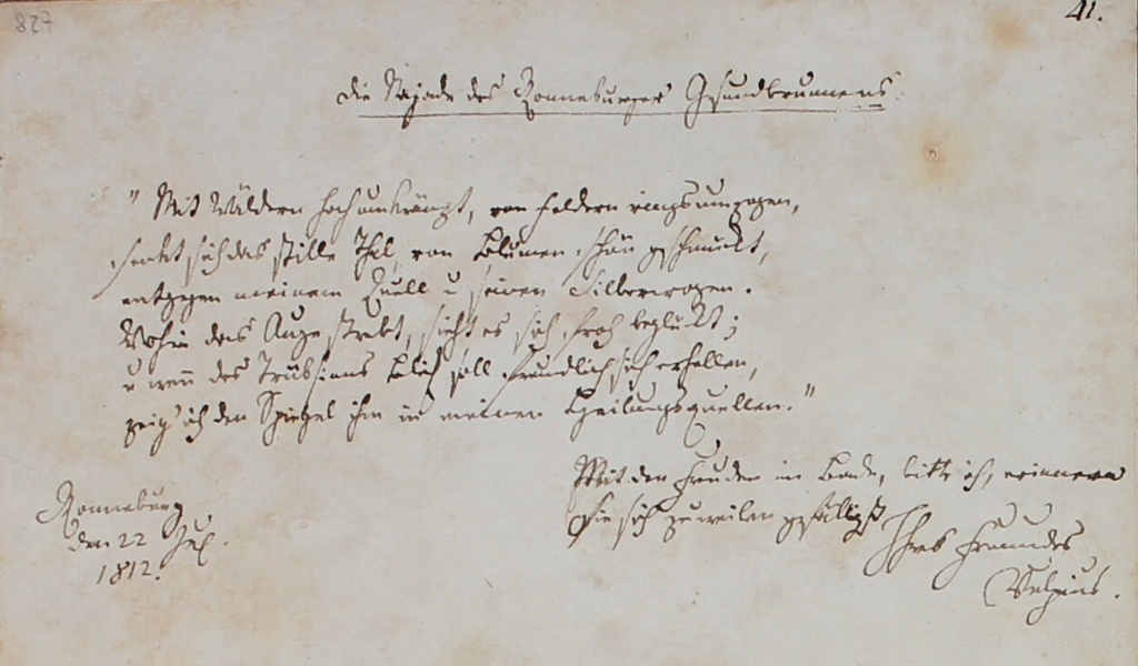 Vulpius: Stammbuchblatt, 22.7.1812 (Museum im Schloss Lützen CC BY-NC-SA)