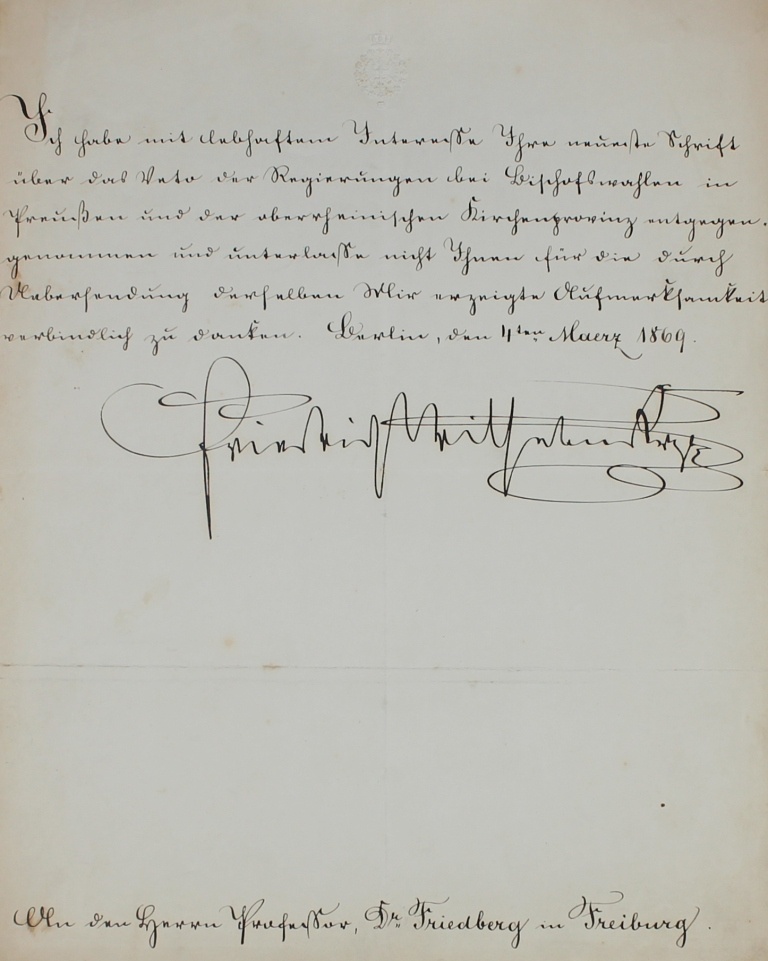 Brief von Friedrich III. an Friedberg vom 4.3.1869 (Museum im Schloss Lützen CC BY-NC-SA)