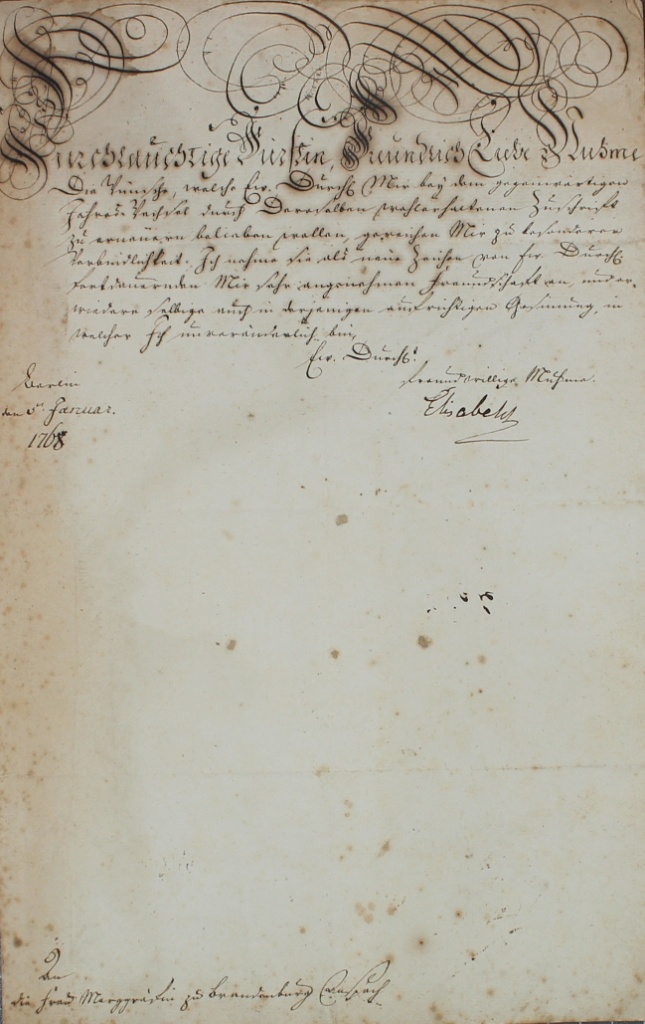 Brief von Elisabeth Christine, Königin von Preußen, an die Markgräfin von Ansbach vom 15.1.1768 (Museum im Schloss Lützen CC BY-NC-SA)
