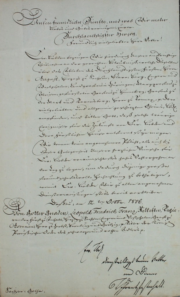 Brief von Leopold Friedrich Franz von 1807 (Museum im Schloss Lützen CC BY-NC-SA)