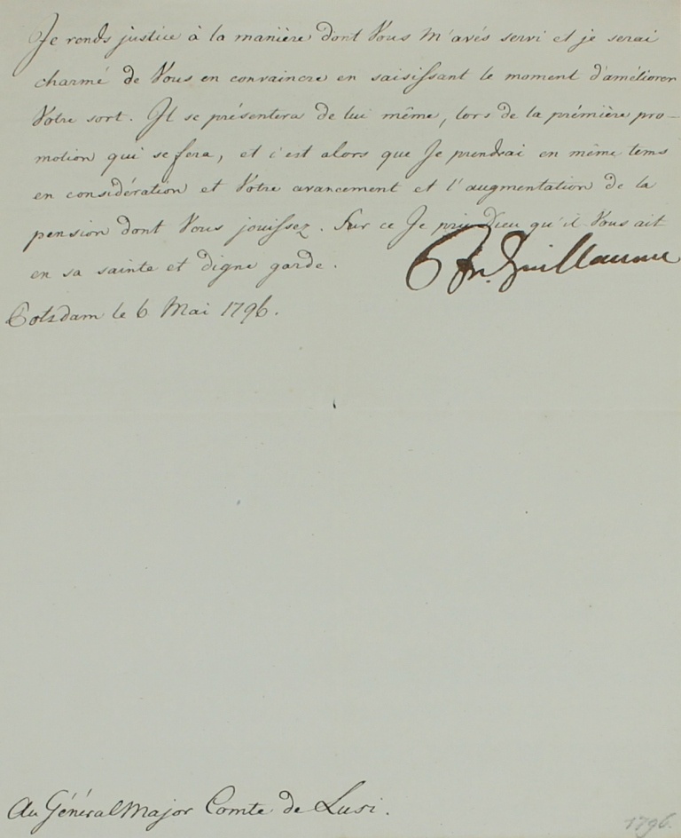 Brief von Friedrich Wilhelm II. an Graf von Lusi von 1796 (Museum im Schloss Lützen CC BY-NC-SA)