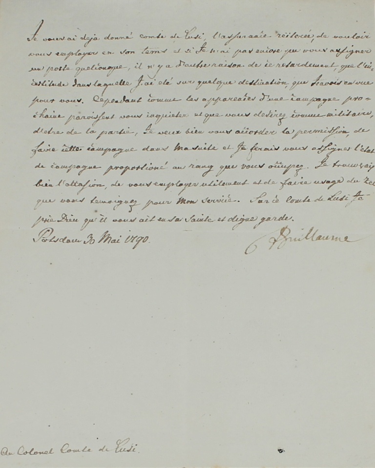 Brief von Friedrich Wilhelm II. an Graf von Lusi (Museum im Schloss Lützen CC BY-NC-SA)