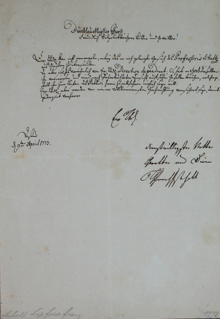 Brief von Leopold Friedrich Franz von 1773 (Museum im Schloss Lützen CC BY-NC-SA)